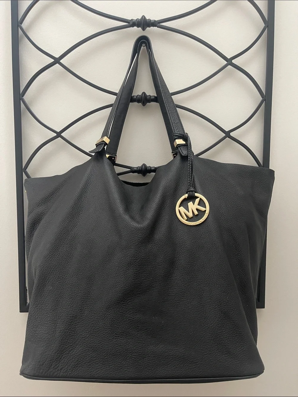 Michael Kors Large Slouchy Black Pebbled Leather Tote with Gold MK Pendant